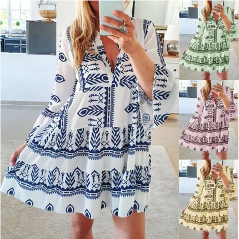 Women's Swing Dress Vacation V Neck Printing Nine Points Sleeve Printing Above Knee Daily