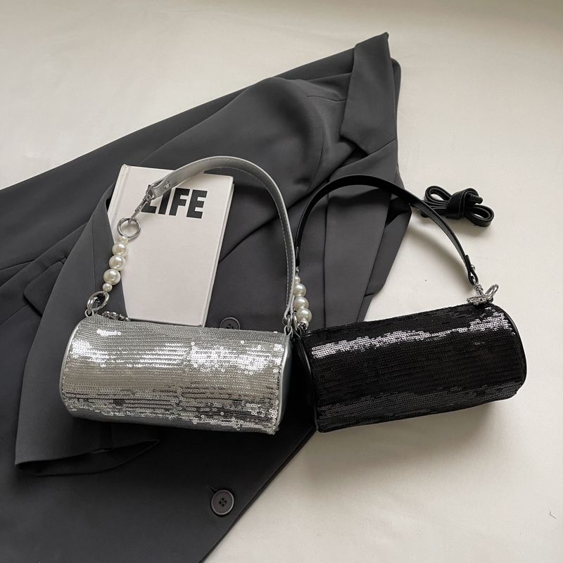 Women's Pu Leather Solid Color Classic Style Sequins Zipper Shoulder Bag