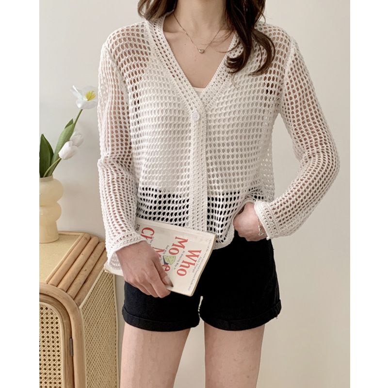 Women's Cardigan Long Sleeve Blouses Button Hollow Out Elegant Solid Color