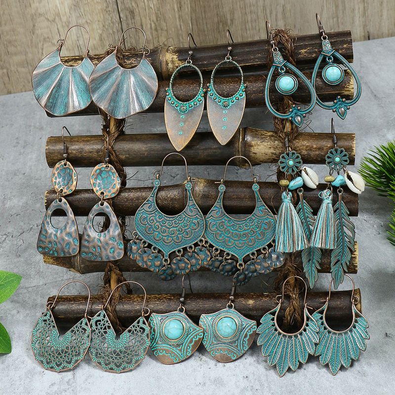 1 Pair Hip-Hop Retro Leaf Inlay Alloy Turquoise Drop Earrings