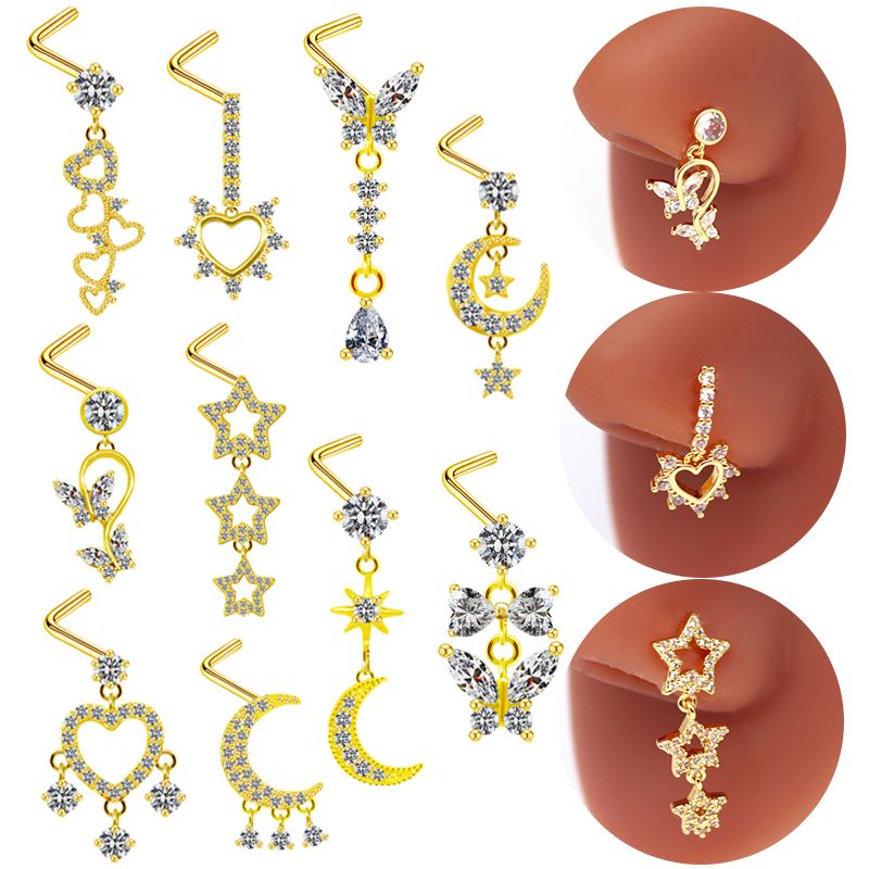 1 Piece Nose Rings & Studs Simple Style Classic Style Heart Shape Butterfly Stainless Steel Titanium Steel Copper Plating Inlay Rhinestones Zircon Gold Plated Nose Rings & Studs