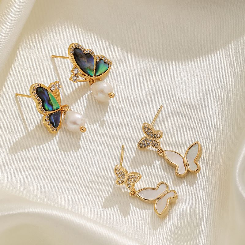 1 Pair Elegant Sweet Butterfly Inlay Freshwater Pearl Shell Copper Shell Zircon 18K Gold Plated Drop Earrings