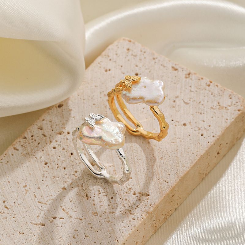 Vacation Butterfly Freshwater Pearl Copper 18K Gold Plated Silver Plated Open Rings In Bulk