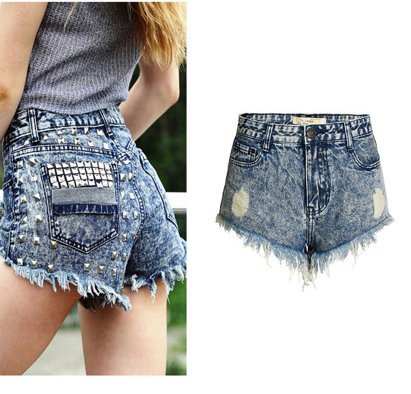 Women's Holiday Daily Streetwear Rivet Shorts Washed Jeans