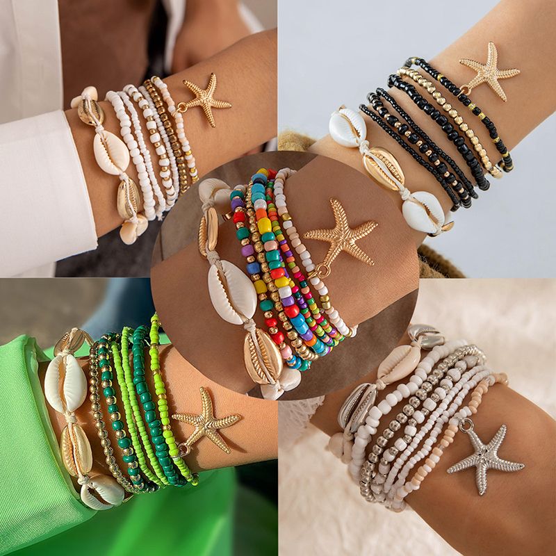 Casual Vacation Simple Style Geometric Starfish Glass Shell Knitting Women's Bracelets