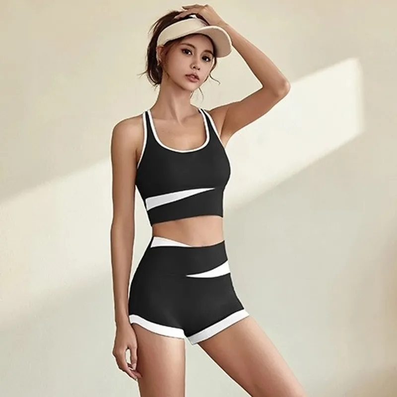Fitness Solid Color Spandex Polyester Strap Tracksuit Vest Shorts Suits