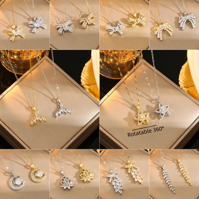 Wholesale Casual Commute Heart Shape Mermaid Bow Knot Titanium Steel Hollow Out Inlay 18K Gold Plated Zircon Pendant Necklace
