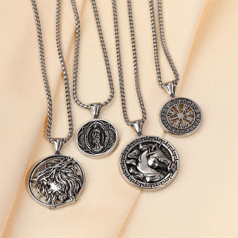 304 Stainless Steel Modern Style Classic Style Round Portrait Cross Solid Color Pendant Necklace