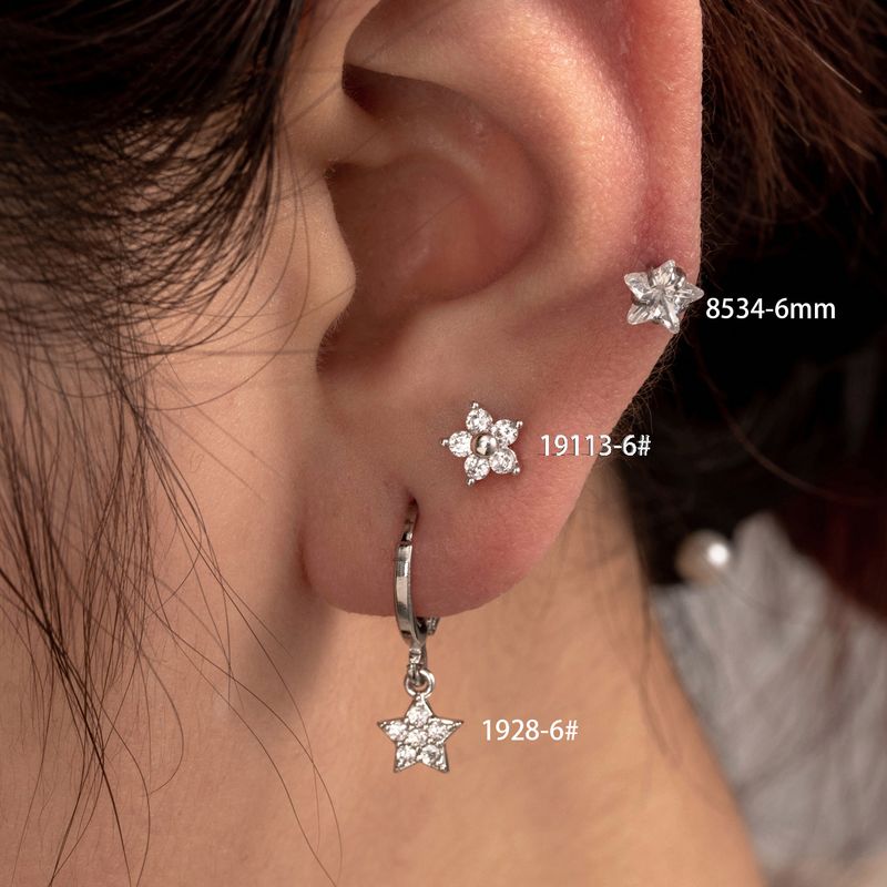1 Piece Casual French Style Korean Style Pentagram Flower Inlay Copper Zircon Drop Earrings Ear Studs