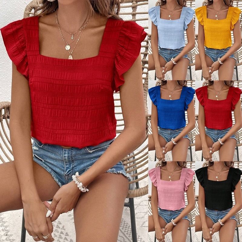Femmes T-Shirt Manche Courte Blouses Froufrous Style Simple Couleur Unie