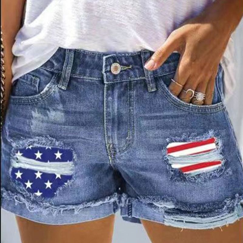 امرأة غير رسمي اليومي أسلوب بسيط العلم الأمريكي السراويل القصيرة طباعة جينز