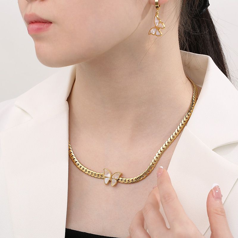 Acero Titanio Chapados en oro de 18k Elegante Señora Mariposa Pulsera Aretes Collar