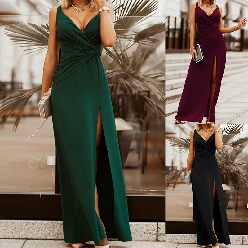 Frau Etuikleid Kleid Mit Schlitz Sexy Einfacher Stil V-Ausschnitt Ärmellos Einfarbig Maxi Langes Kleid Ferien Bankett
