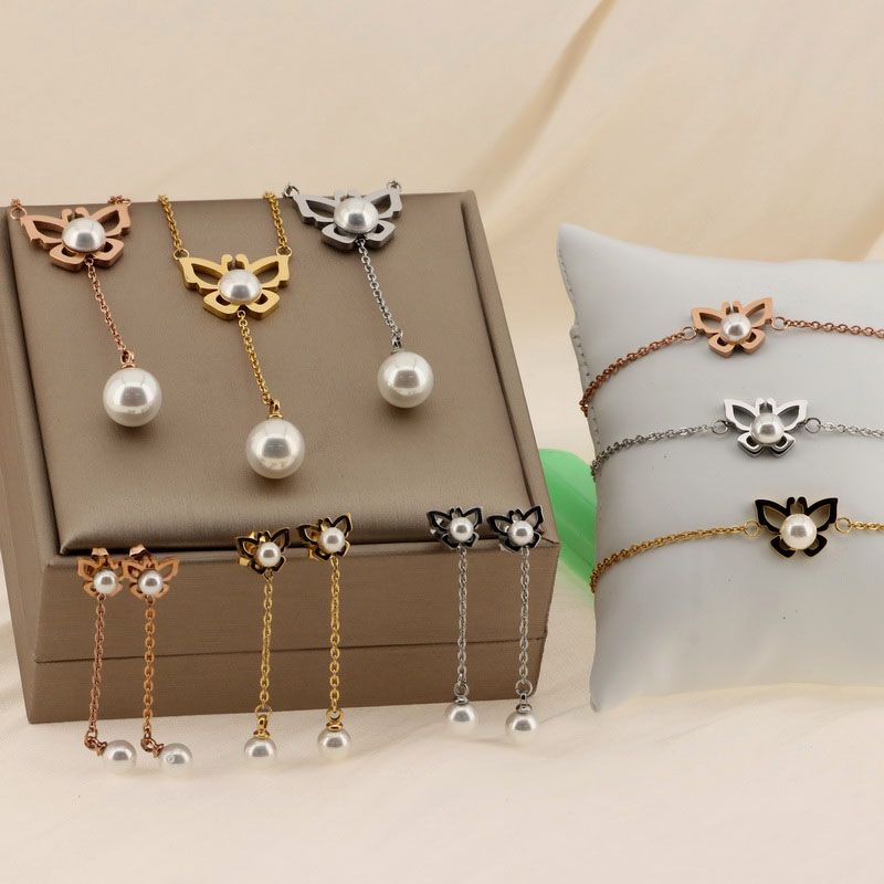 Titanium Steel 18K Gold Plated Retro Simple Style Butterfly Bracelets Earrings Necklace