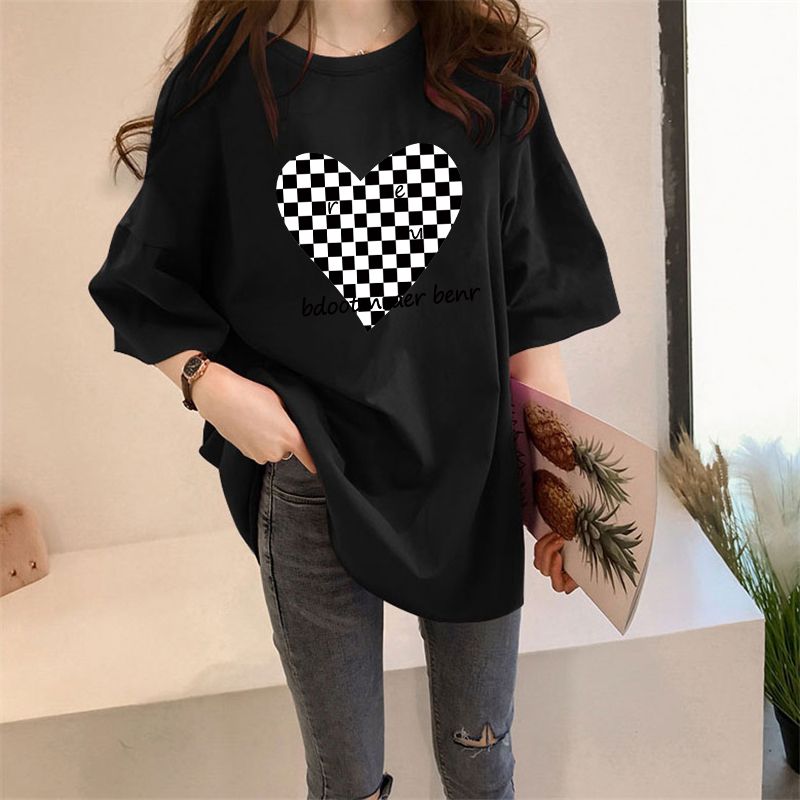 Women's T-shirt Short Sleeve T-Shirts Printing Casual Letter Heart Shape Checkered