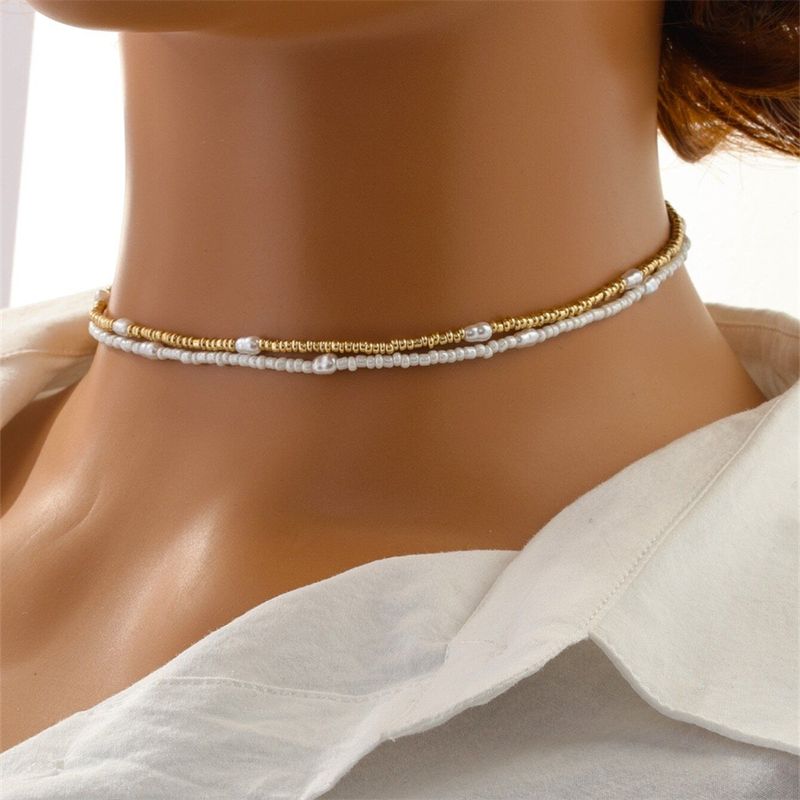 Simple Style Classic Style Round CCB Imitation Pearl Seed Bead Beaded 14K Gold Plated Women's Layered Necklaces