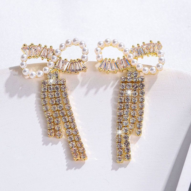 1 Paar Glänzend Bogenknoten Überzug Inlay Kupfer Künstliche Perlen Zirkon 18 Karat Vergoldet Tropfenohrringe
