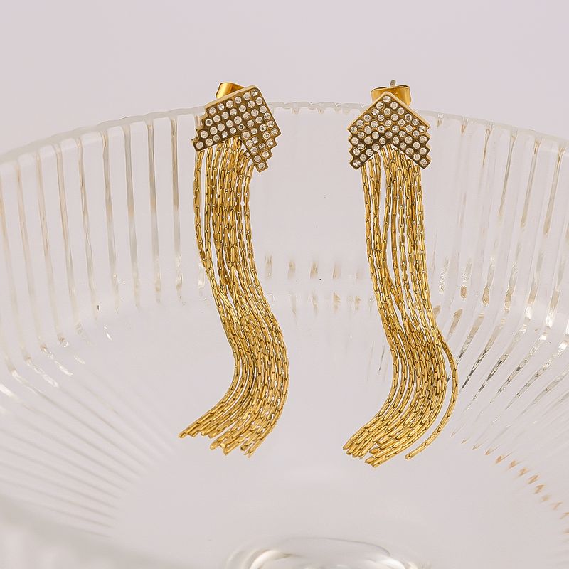 1 Pair IG Style Simple Style Shiny Tassel Lines Inlay 304 Stainless Steel Rhinestones 18K Gold Plated Drop Earrings