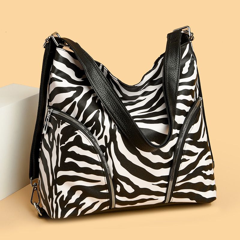 Women's Large Pu Leather Cows Zebra Streetwear Square Zipper Tote Bag
