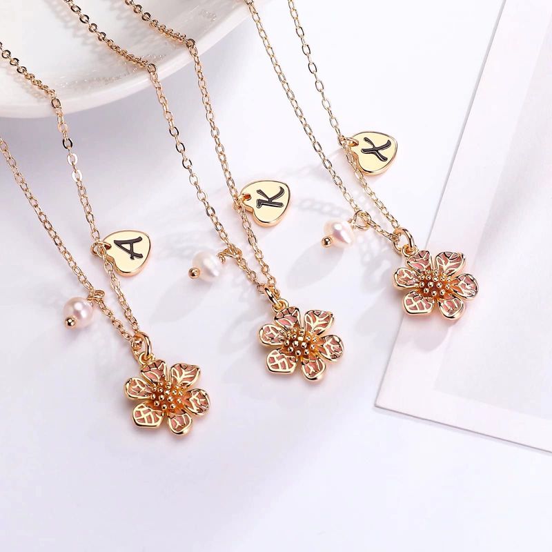 Copper 14K Gold Plated IG Style Cute Sweet Pearl Letter Heart Shape Flower Pendant Necklace