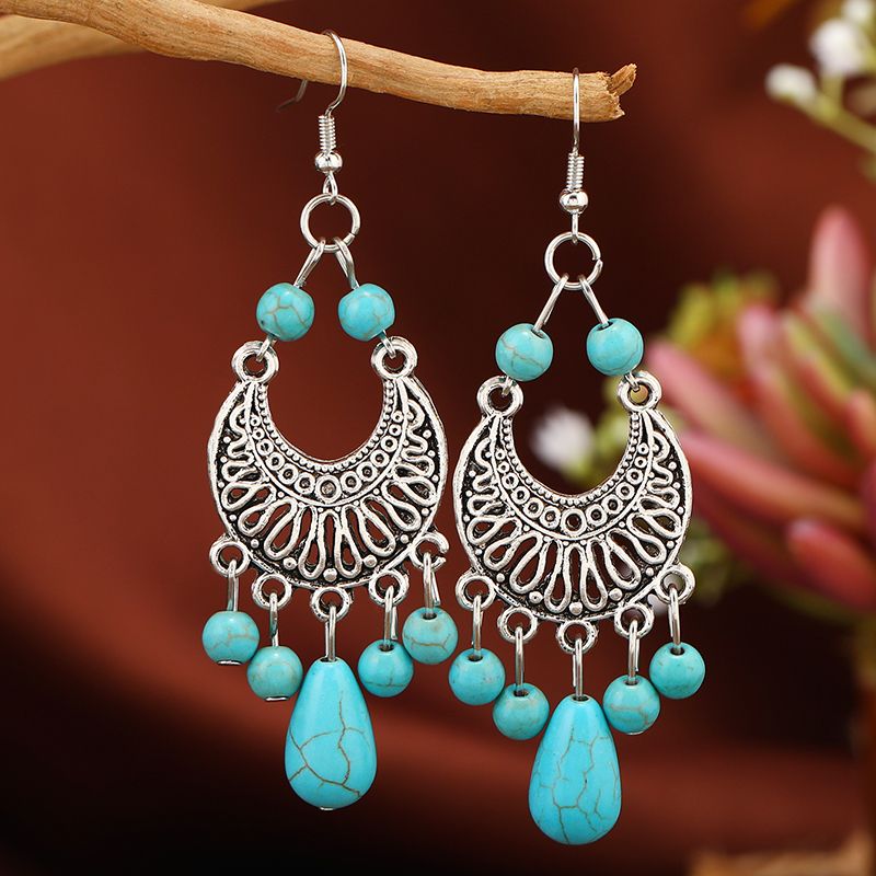 1 Pair Ethnic Style Classic Style Moon Water Droplets Inlay Alloy Turquoise Drop Earrings