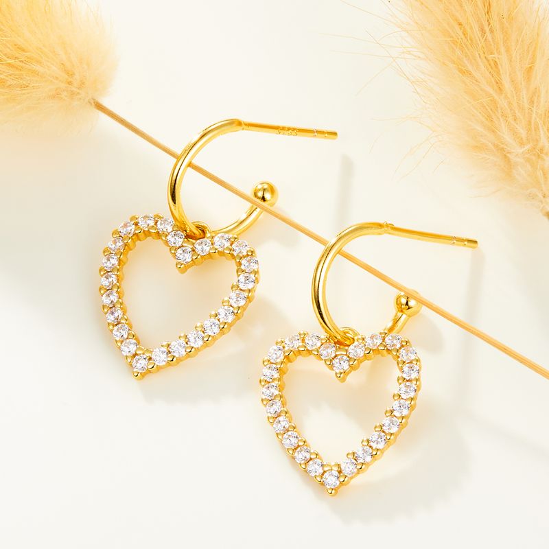 1 Paar Elegant Luxuriös Romantisch Herzform Überzug Inlay Sterling Silber Zirkon Vergoldet Tropfenohrringe