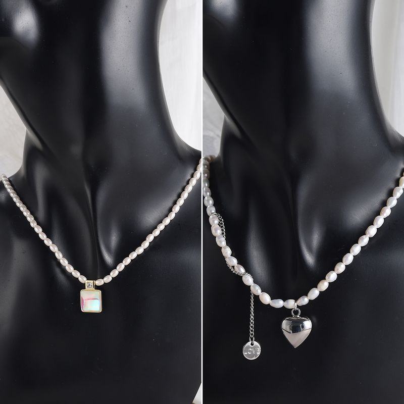 IG Style Simple Style Square Heart Shape ABS Resin Freshwater Pearl Copper Beaded Inlay Zircon Silver Plated Women's Pendant Necklace