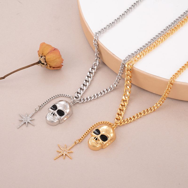 Hip-Hop Cool Style Hexagram Skull Copper Enamel Inlay Zircon 18K Gold Plated Silver Plated Women's Pendant Necklace