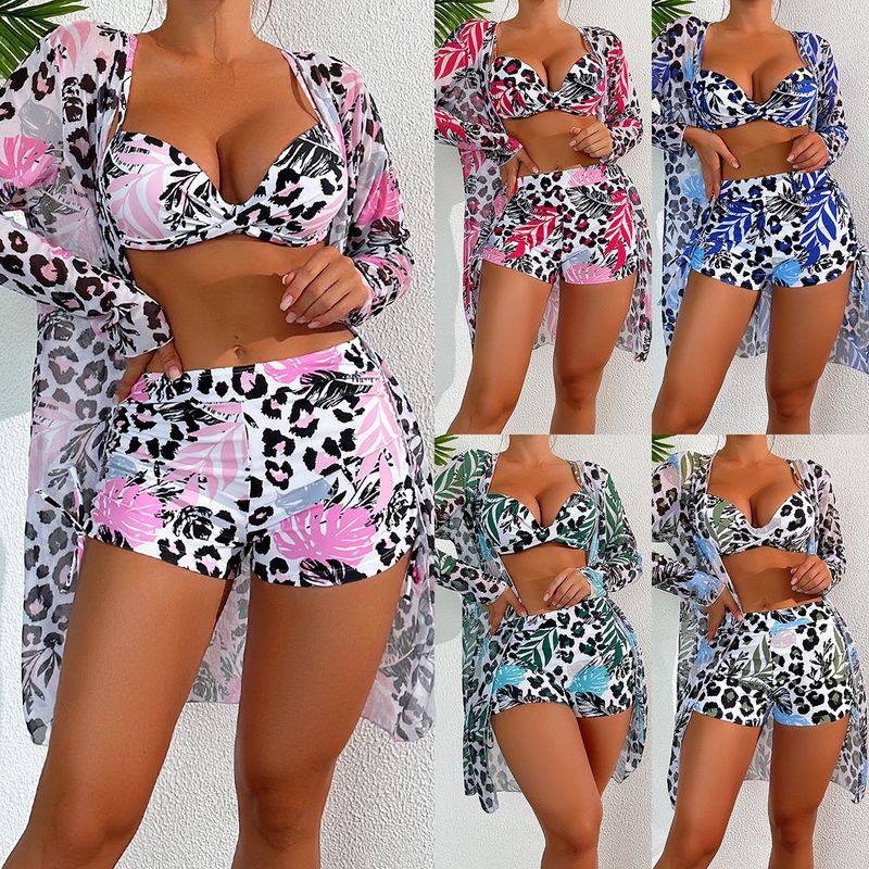 Women's Vacation Printing Leopard 3 Pieces Set Bikinis Swimwear