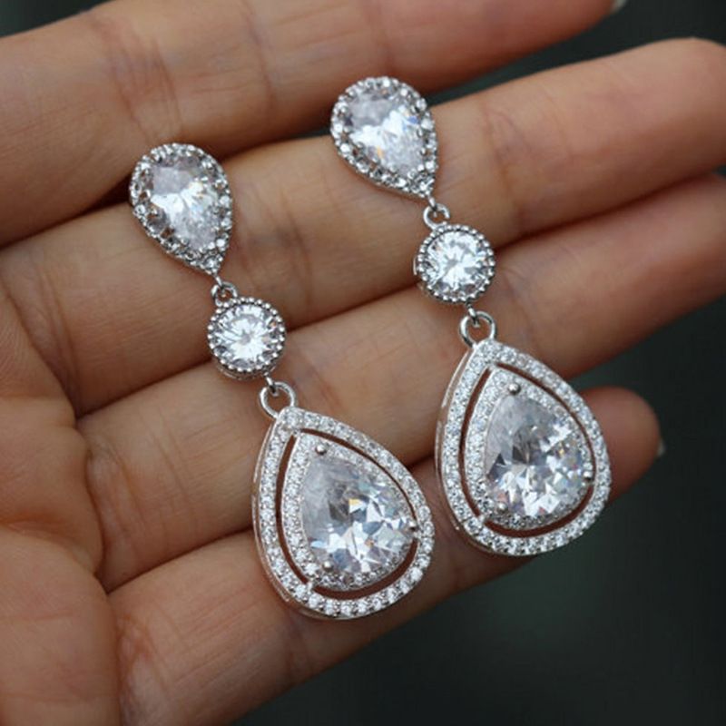 1 Paire Style Vintage Brillant Les Gouttelettes D'Eau Incruster Le Cuivre Zircon Boucles D'oreilles