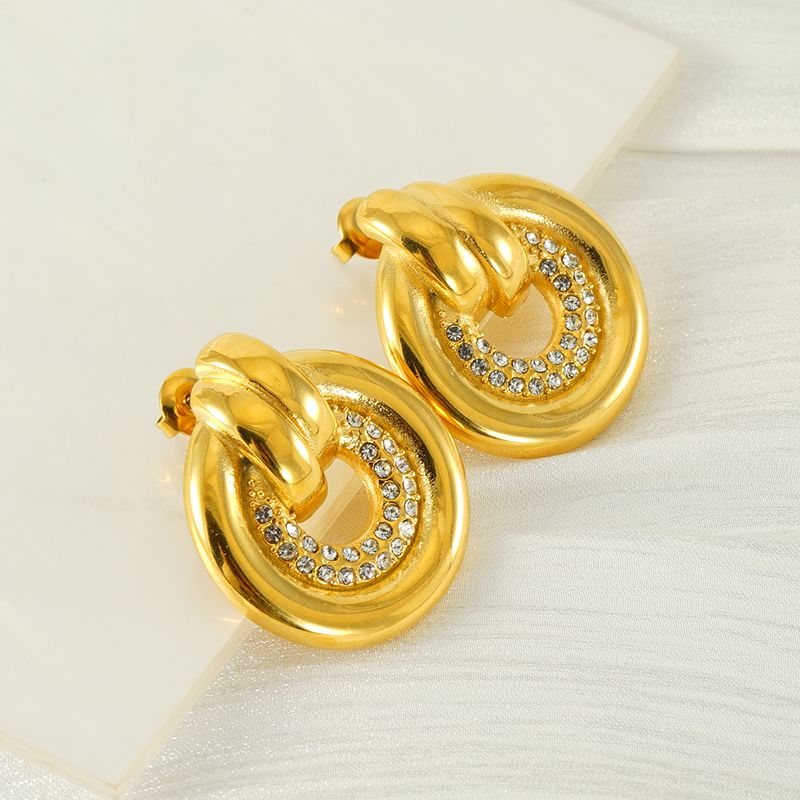 1 Par Elegante Estilo Simple Geométrico Embutido Acero Titanio Diamantes De Imitación Chapados en oro de 18k Pendientes De Gota