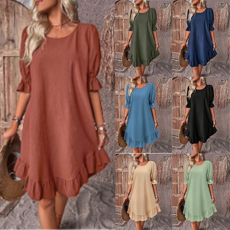 Women's Regular Dress Simple Style Round Neck Ruffles Half Sleeve Solid Color Knee-Length Daily