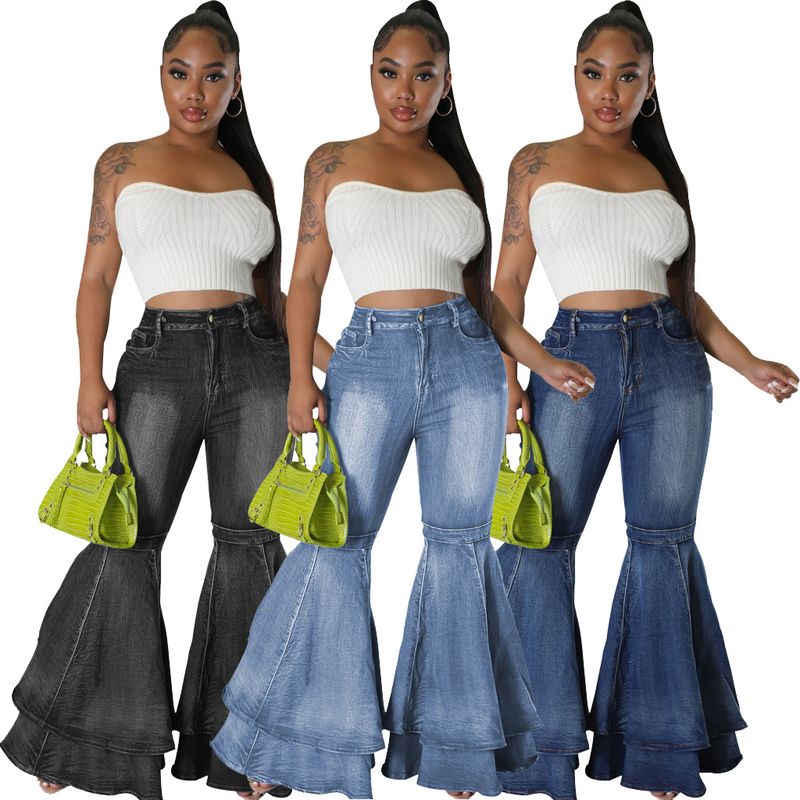 Women's Daily Simple Style Solid Color Full Length Ripped Flared Pants Jeans