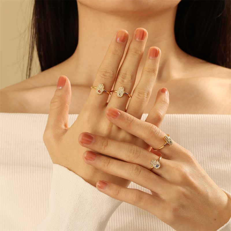 Copper 18K Gold Plated IG Style Ethnic Style Commute Enamel Inlay Palm Hand Of Fatima Zircon Open Rings