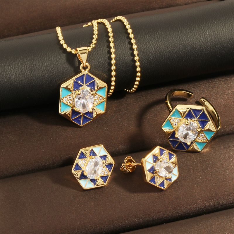 Copper 18K Gold Plated IG Style Hip-Hop Commute Enamel Inlay Hexagon Rhombus Lingge Zircon Jewelry Set
