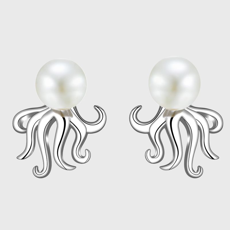 1 Pair IG Style Elegant Marine Style Octopus Inlay Sterling Silver Pearl Ear Studs