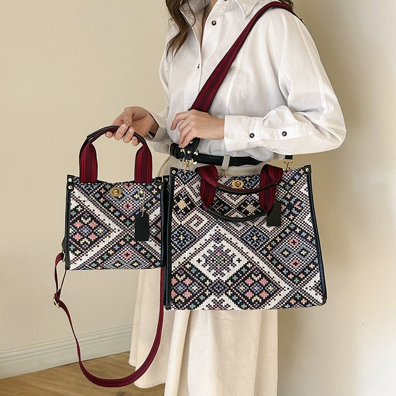 Women's Medium Canvas Lingge Ethnic Style Square Lock Clasp Tote Bag