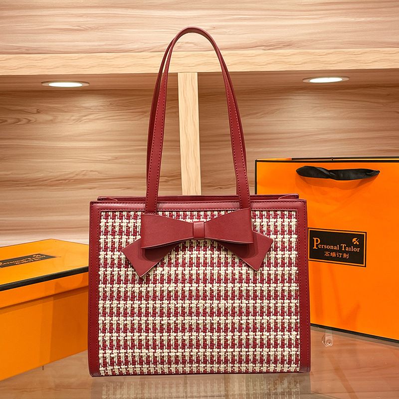 Women's Large Pu Leather Plaid Bow Knot Elegant Vintage Style Square Zipper Handbag