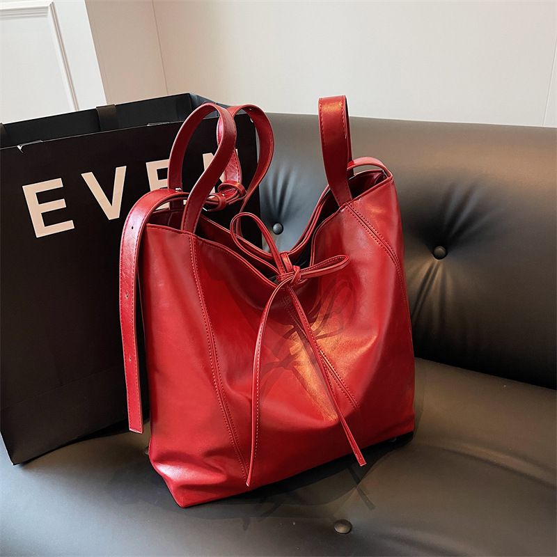 Women's Large Pu Leather Solid Color Business Lace-Up Tote Bag