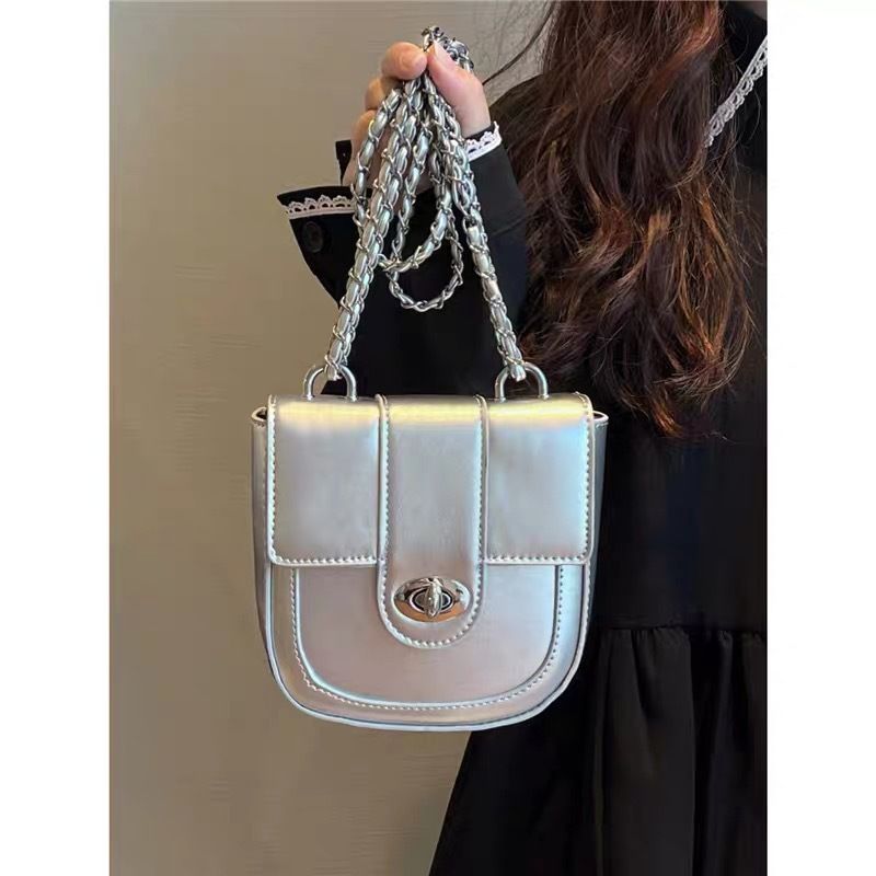 Women's Small Pu Leather Solid Color Classic Style Square Lock Clasp Shoulder Bag