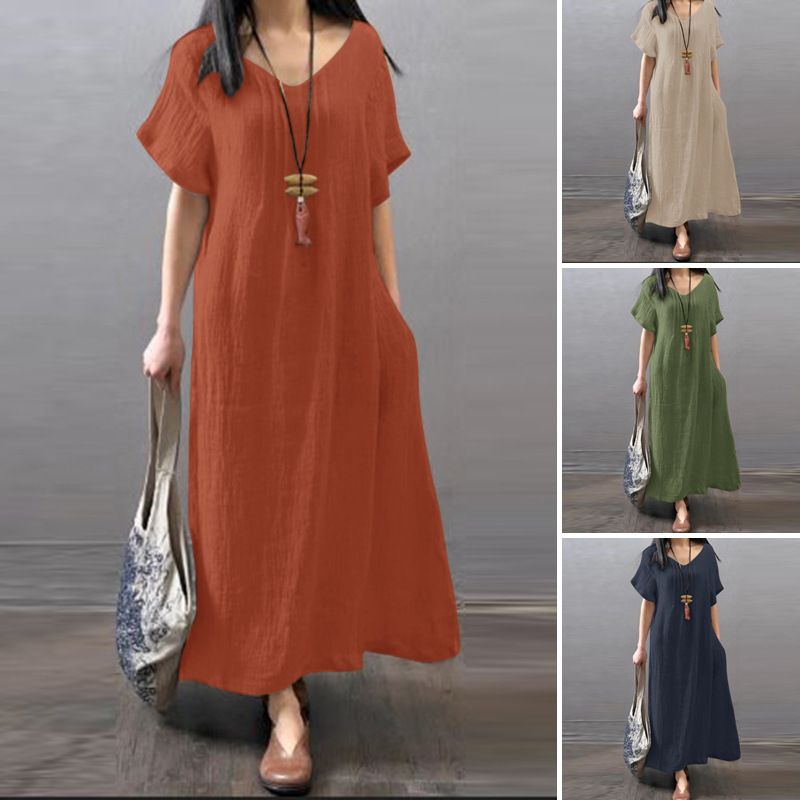 Women's Regular Dress Simple Style V Neck Pocket Half Sleeve Solid Color Maxi Long Dress Daily