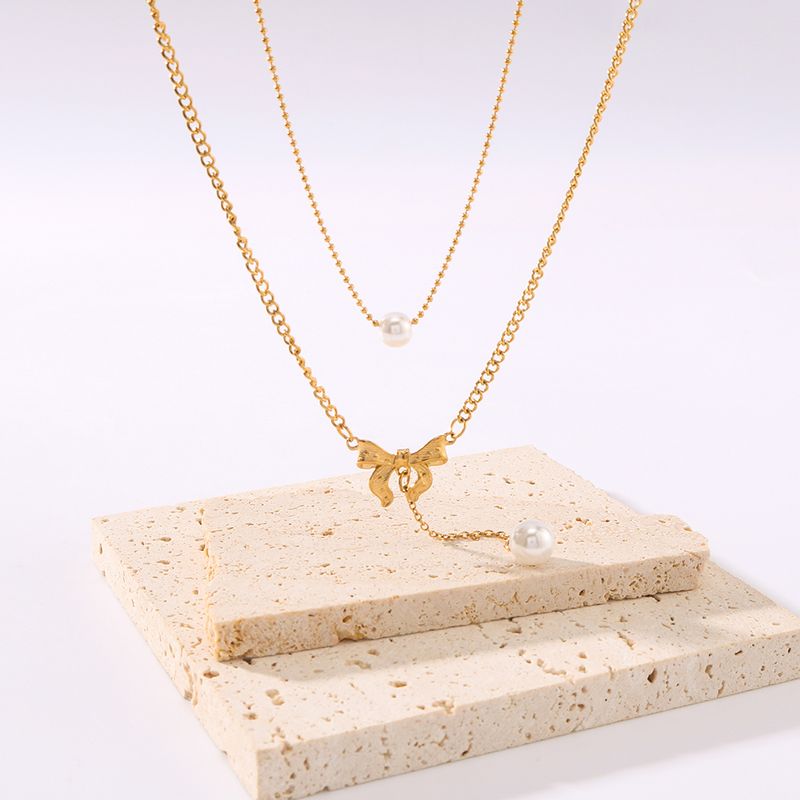 Edelstahl 304 18 Karat Vergoldet IG-Stil Süss Inlay Bogenknoten Perle Doppellagige Halsketten