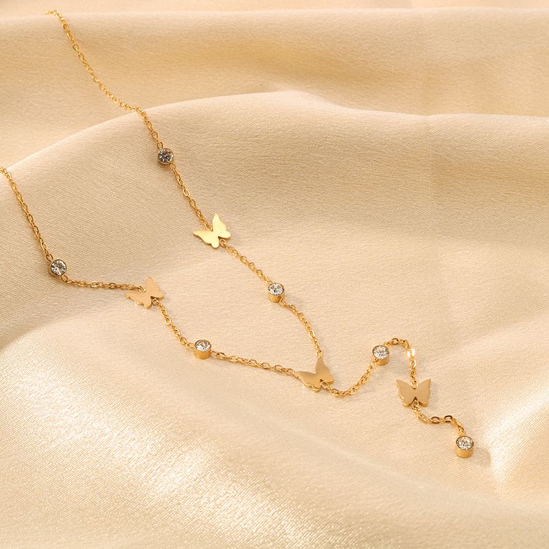 Edelstahl 304 18 Karat Vergoldet IG-Stil Romantisch Einfacher Stil Inlay Schmetterling Strasssteine Halskette Mit Anhänger