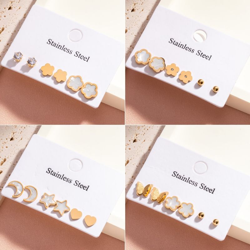 1 Set 3 Pairs Casual Simple Style Moon Flower Butterfly Plating Inlay 304 Stainless Steel Rhinestones Shell 18K Gold Plated Ear Studs