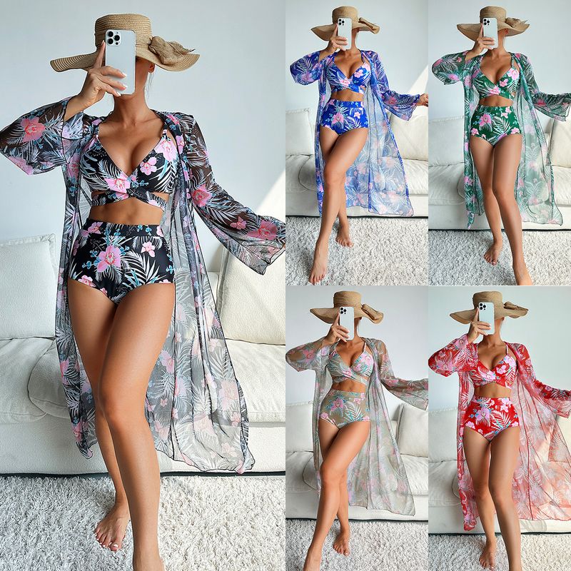 Women's Elegant Lady Printing Flower 3 Pieces Set Bikinis Swimwear