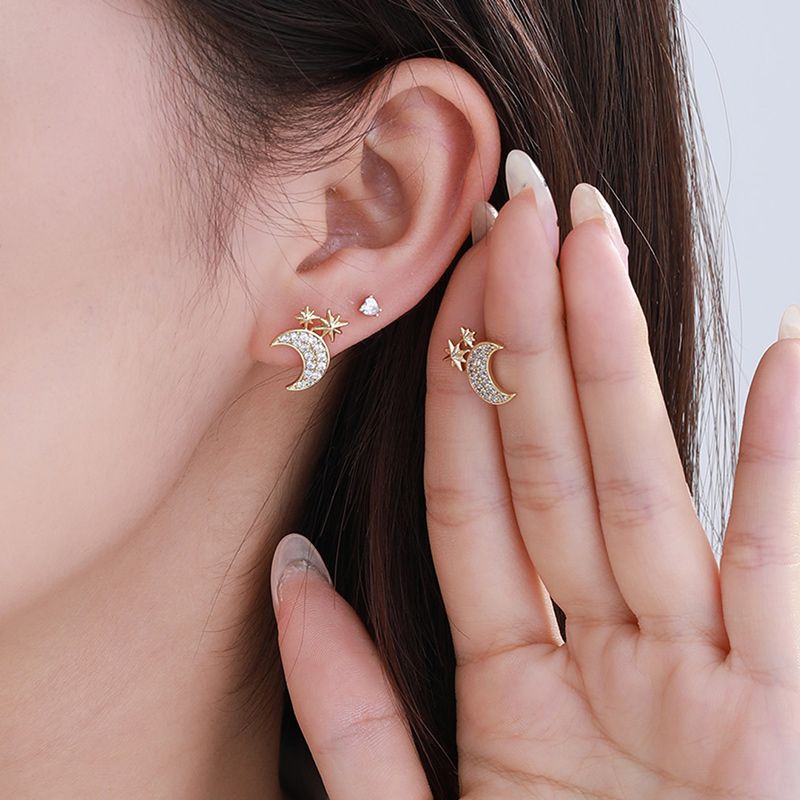 1 Pair IG Style Modern Style Classic Style Star Moon Plating Inlay Copper Alloy Rhinestones 14K Gold Plated Ear Studs