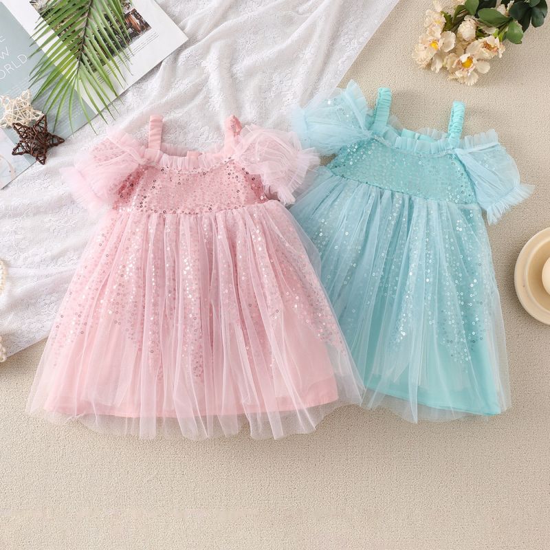 Princess Mesh Grid Sequins Popover Hollow Out Chiffon Girls Dresses