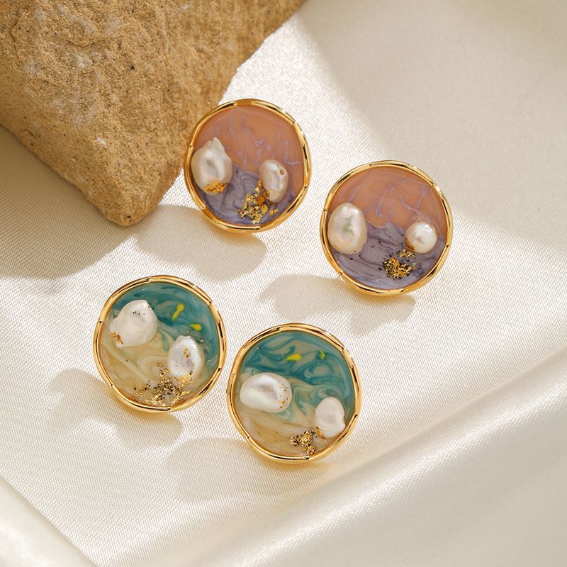 1 Pair IG Style Beach Round Enamel Inlay Copper Freshwater Pearl 18K Gold Plated Silver Plated Ear Studs