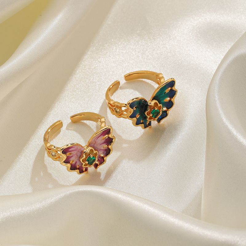 Wholesale Vacation Butterfly Copper Enamel Inlay 18K Gold Plated Zircon Open Rings