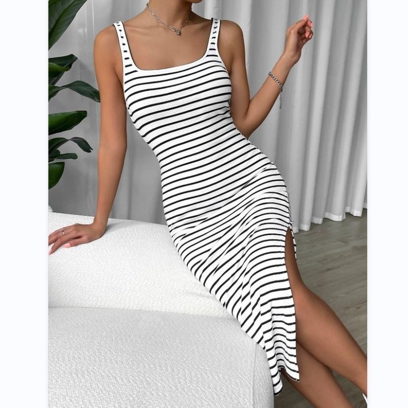 Femmes Robe Fourreau Style Simple Col En U Bande Sans Manches Bande Robe Mi-Longue Du Quotidien